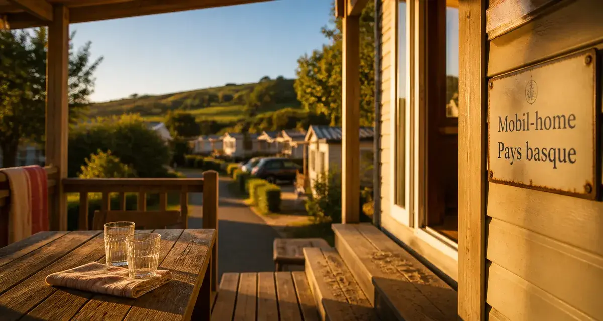 Camping pays basque mobil home : terrasse au golden hour