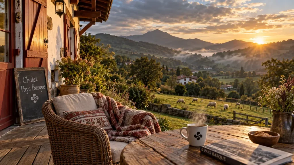 Chalet pays basque location : vue terrasse, vallée et montagnes au Pays basque