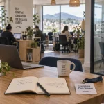 Coworking pays basque : intérieur, table, carnet, badge, coworkeurs