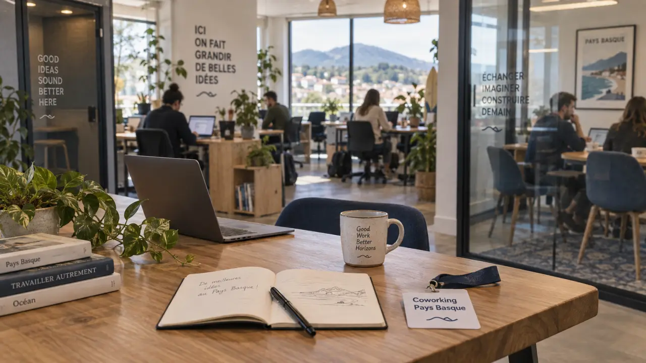 Coworking pays basque : intérieur, table, carnet, badge, coworkeurs