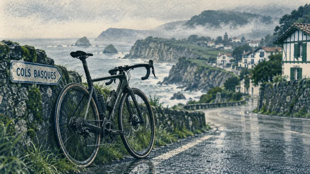 Cyclisme pays basque : vélo sur route côtière humide, mer et falaises