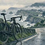 Cyclisme pays basque : vélo sur route côtière humide, mer et falaises