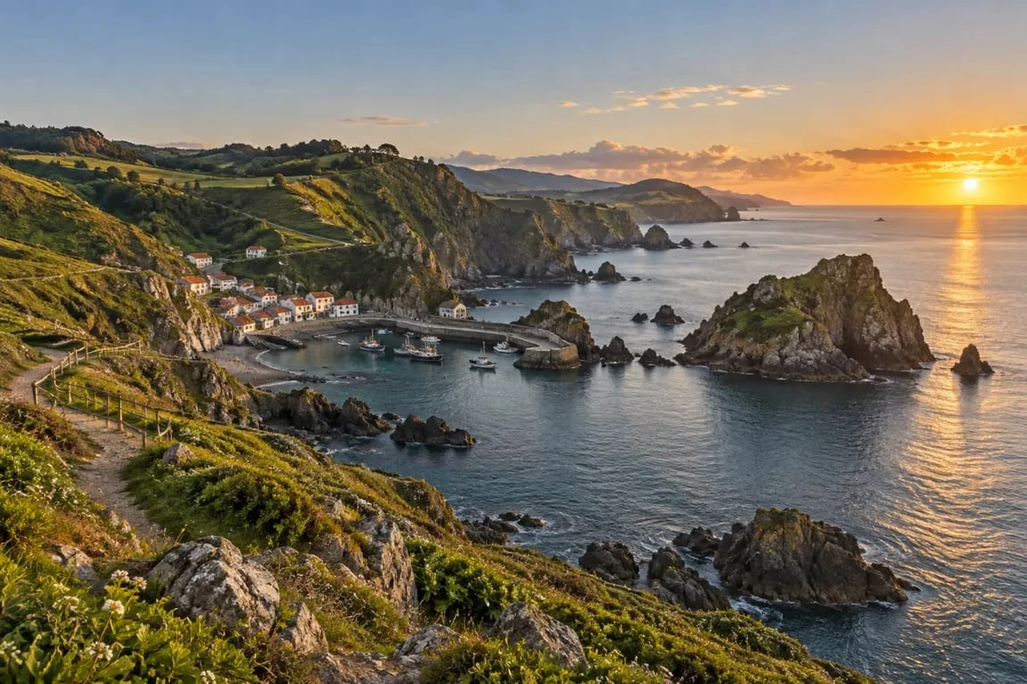 Paysage de la côte atlantique espagnole entre falaises, baie et port