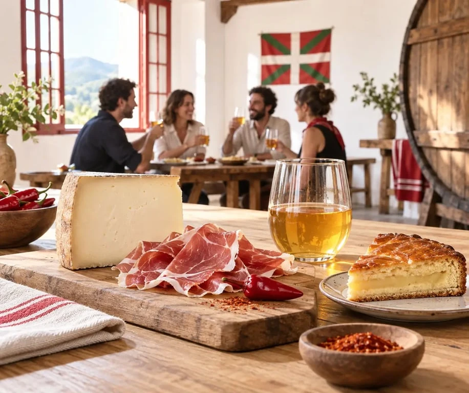 Dégustation de produits du terroir basque avec jambon, fromage, piment et sagarno