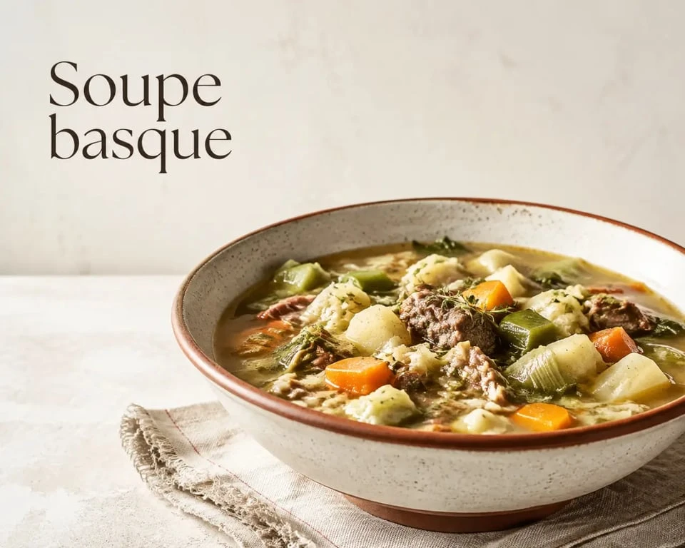 Soupe basque rustique servie dans un bol, avec légumes et viande visibles