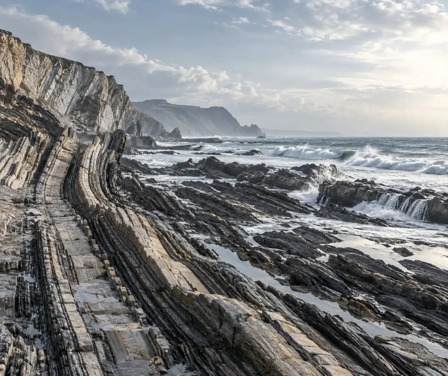 Flysch rocheux sur le littoral de la mer Cantabrique à marée basse