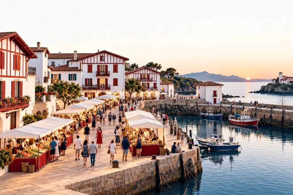 Marché nocturne du Pays basque près d'un port en soirée