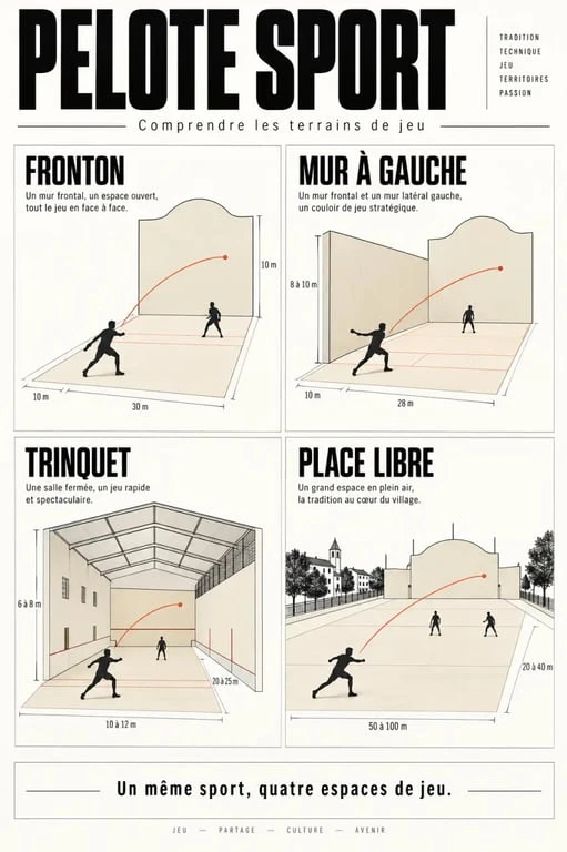 Pelote sport : comparaison visuelle des terrains fronton, mur à gauche, trinquet et place libre
