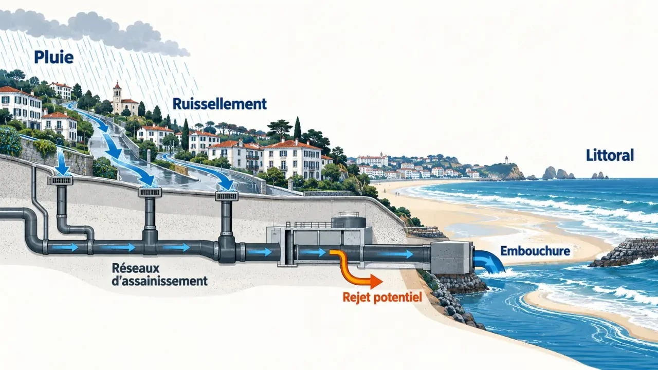 Pollution plages Pays basque : schéma du ruissellement après la pluie jusqu’au littoral