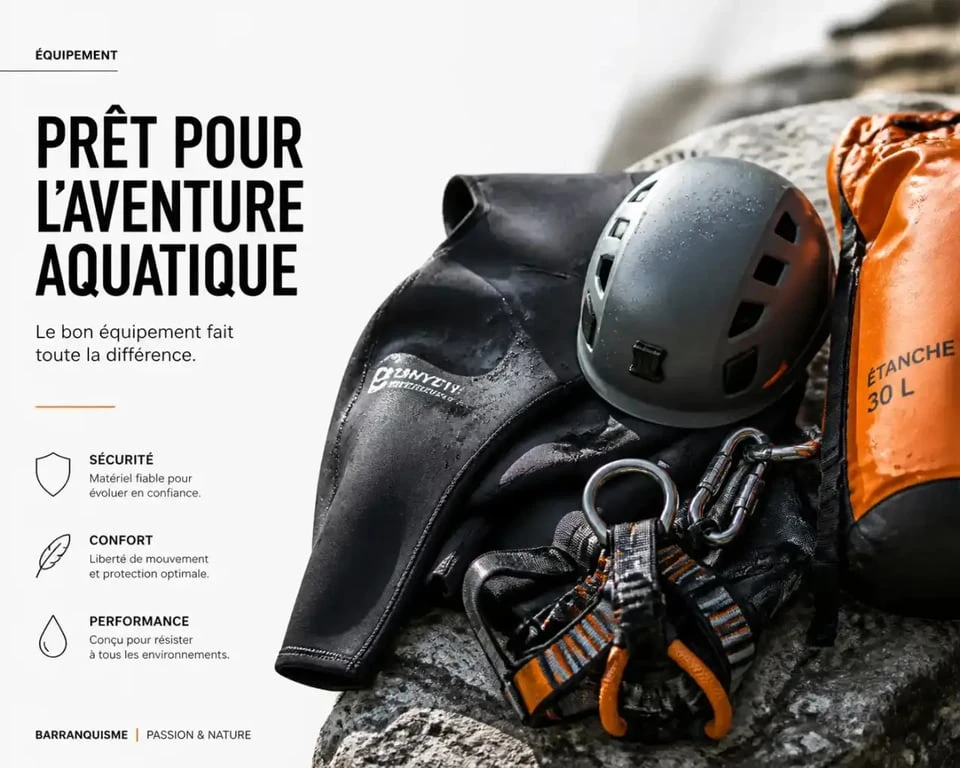 Équipement de barranquismo : combinaison néoprène, casque et harnais avant une descente de canyon