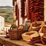 Ruelle d’Espelette au Pays basque et piments d’Espelette séchant