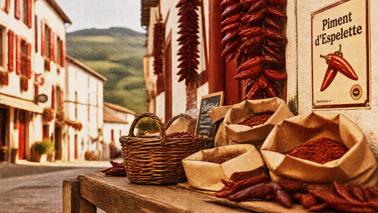 Ruelle d’Espelette au Pays basque et piments d’Espelette séchant