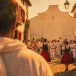 Fete basque à Bayonne : mutxiko et fanfare devant un fronton