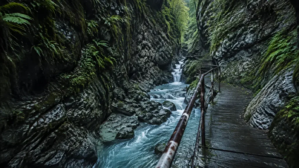 Gorges de Kakuetta, canyon avec passerelle et ruisseau turquoise