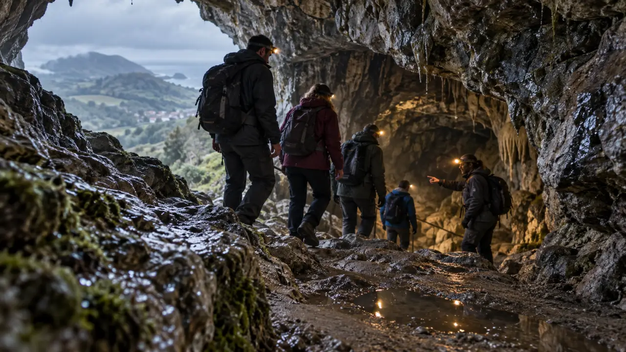 Grottes du pays basque : visiteurs et guide sous une arche rocheuse