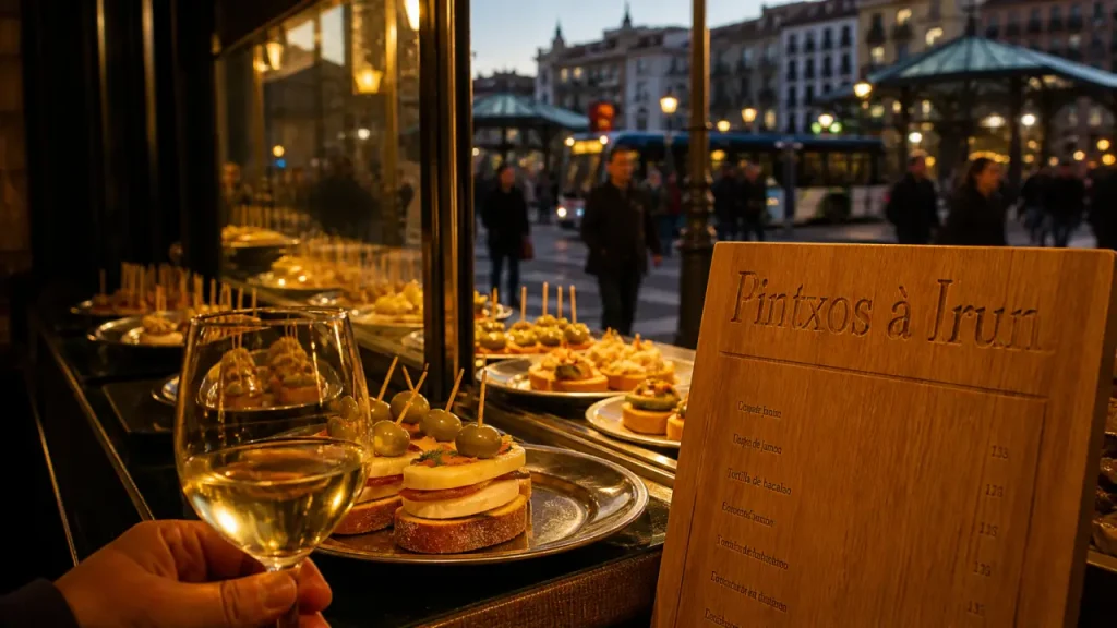 Irun pays basque : vitrine de pintxos et txakoli à la golden hour