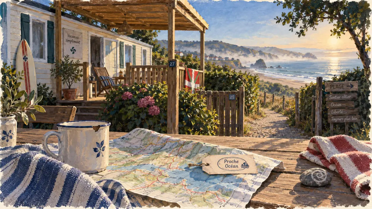 Location mobil home pays basque camping, terrasse près de l’océan