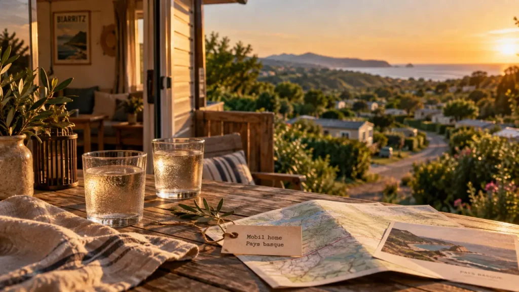 Location mobil home pays basque : intérieur avec terrasse au golden hour