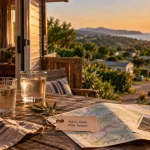 Location mobil home pays basque : intérieur avec terrasse au golden hour