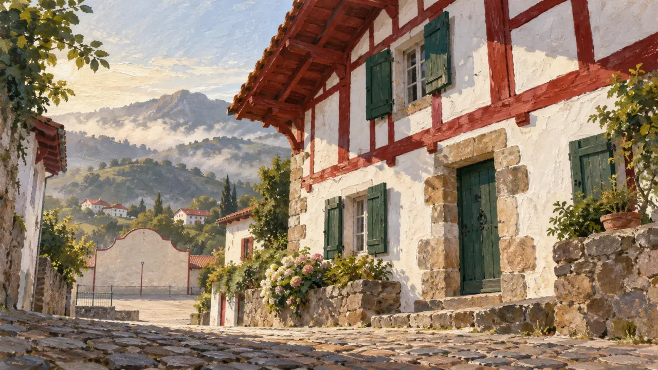 Maison pays basque : façade rouge à pans de bois et colombages