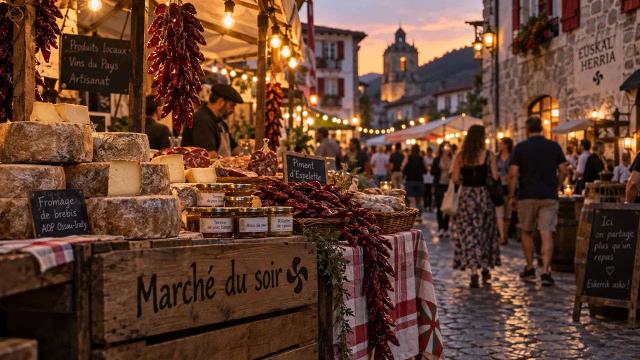 Marché nocturne Pays basque : étale de produits locaux dans une rue pavée