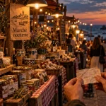 Marchés nocturnes pays basque au Port des Pêcheurs à Biarritz, stands au crépuscule