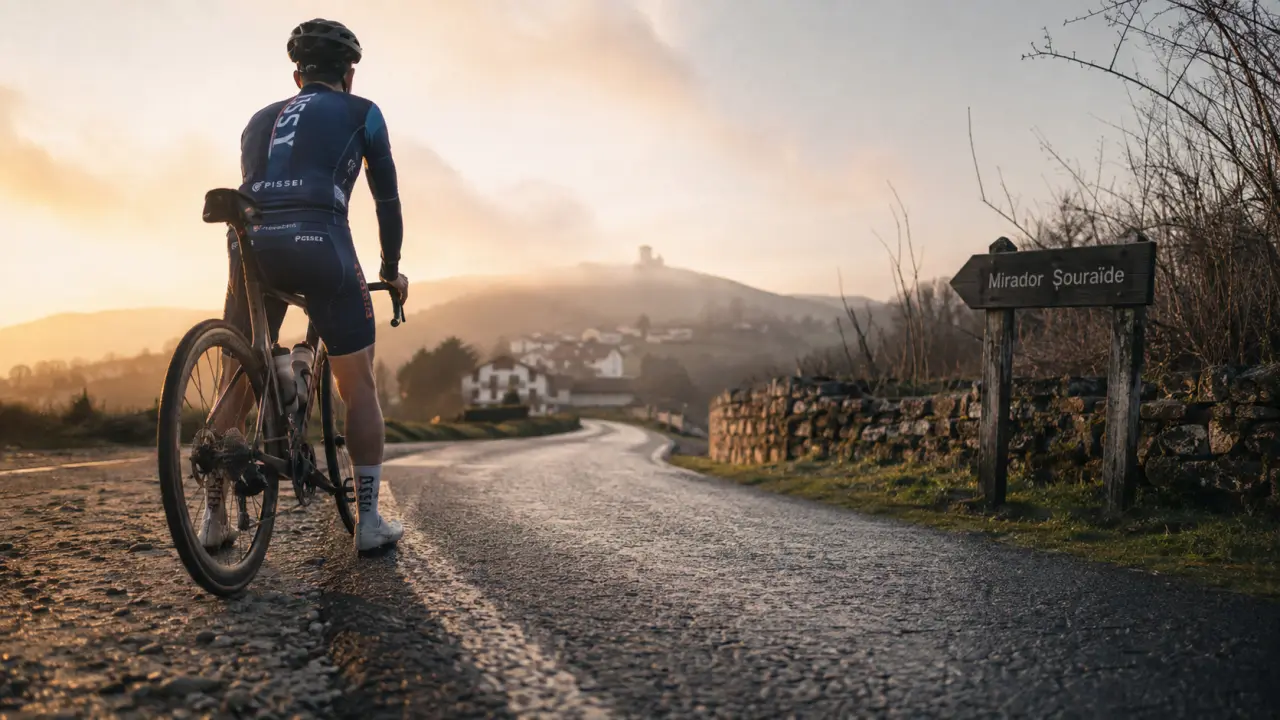Mirador de Souraïde au Pays basque, route étroite au coucher du soleil