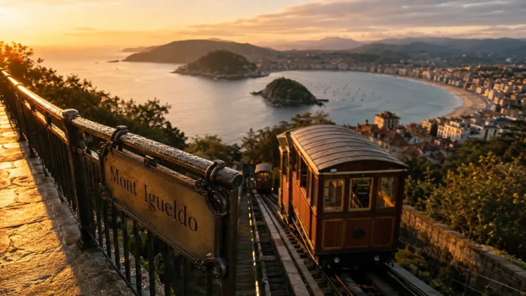 Mont Igueldo au coucher du soleil : funiculaire et panorama