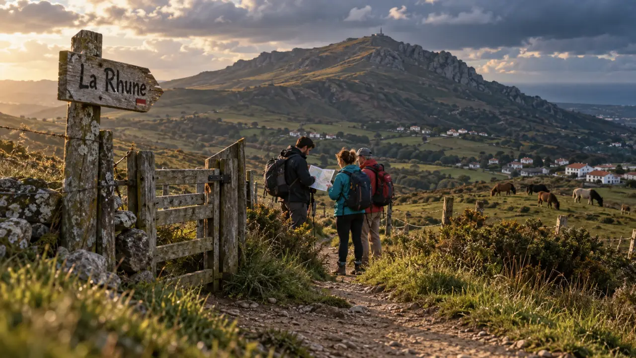 Montagne pays basque, sentier de la Rhune avec randonneurs
