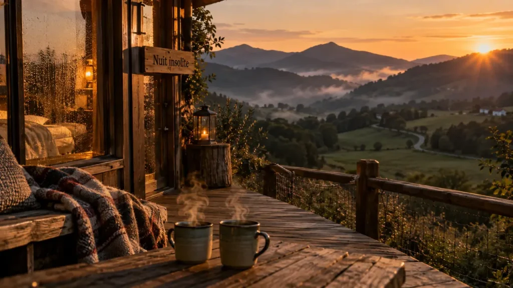Nuit insolite pays basque : cabane vitrée et terrasse au golden hour