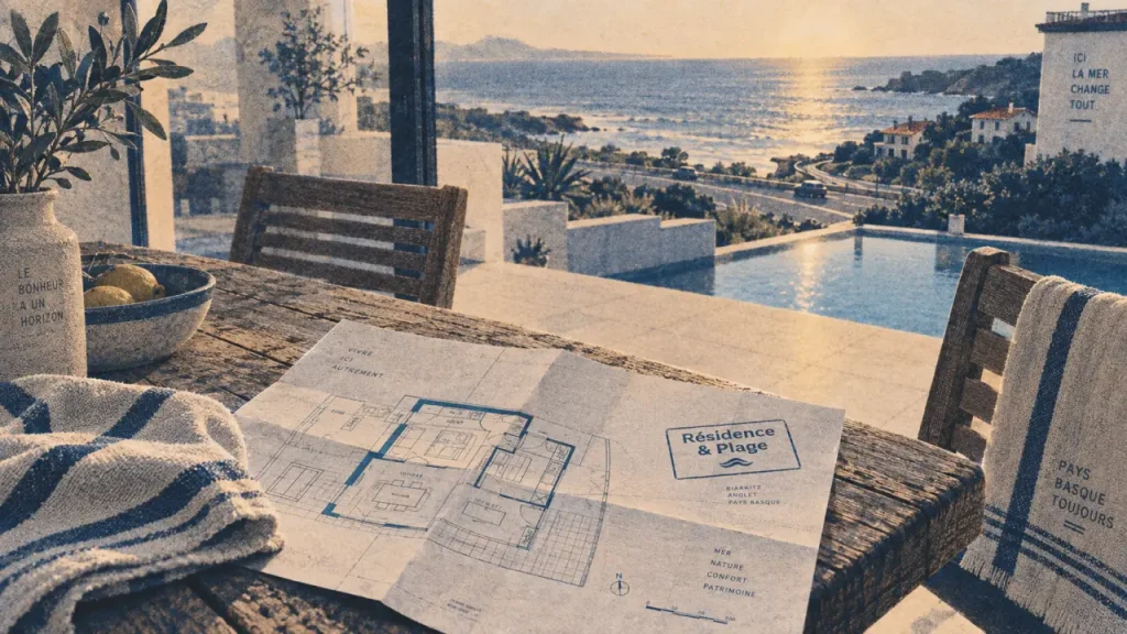 Pays basque residence vacances, terrasse avec vue mer et piscine