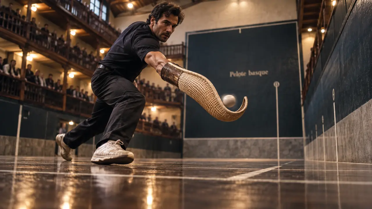 Pelote sport basque dans un trinquet : pilotari à la chistera