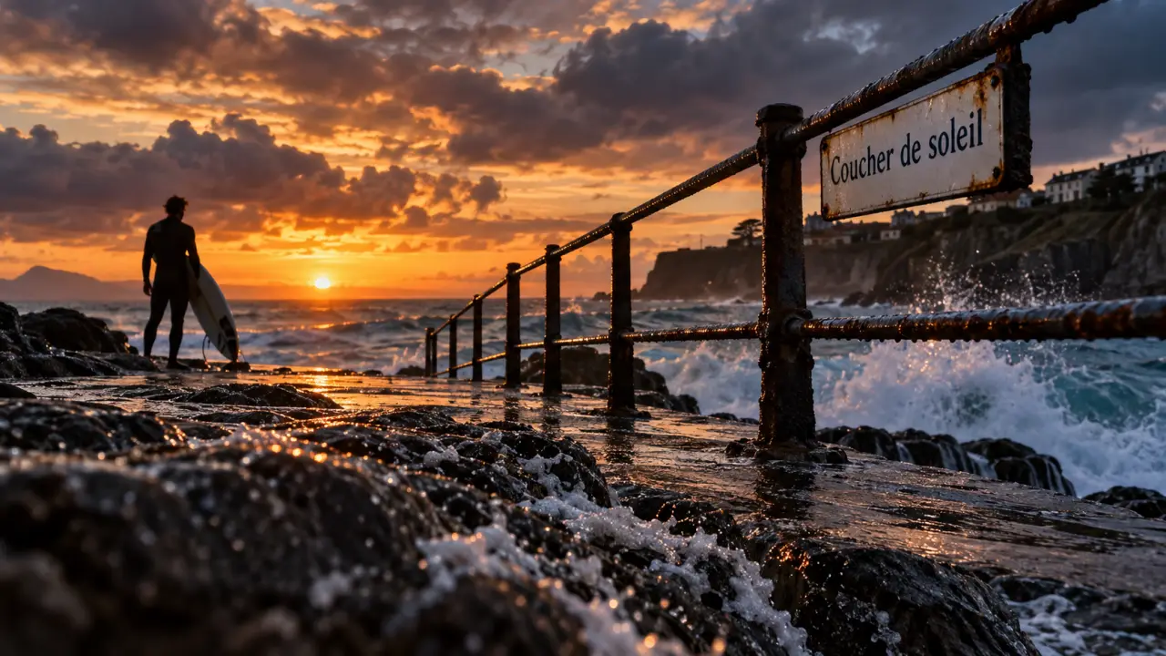 Photo pays basque à Guéthary : coucher de soleil, rocher et océan en contre-jour
