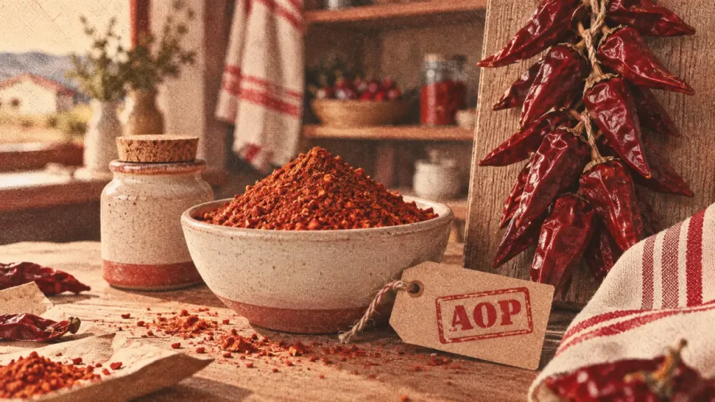 Piment d espelette AOP : poudre rouge brun en bol