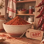Piment d espelette AOP : poudre rouge brun en bol
