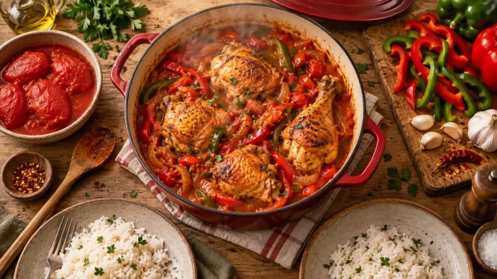 Poulet basquaise avec piperade rouge et morceaux dorés