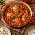 Poulet basquaise avec piperade rouge et morceaux dorés