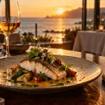 Restaurant étoilé pays basque : assiette gastronomique et vue Atlantique à table