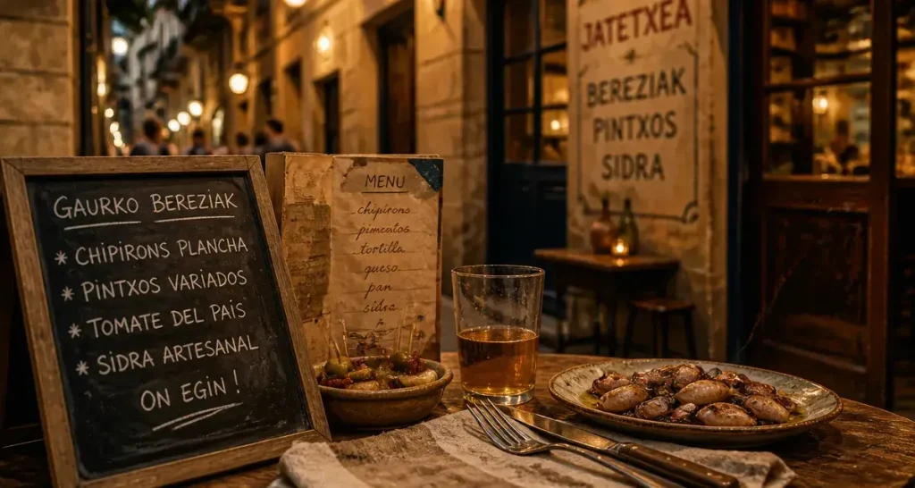 Restaurant pays basque : pintxos et verre de cidre ambré