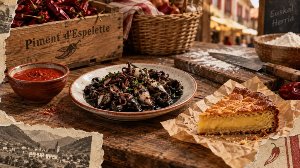 Spécialité pays basque : piment d’Espelette, axoa et gâteau basque, photo culinaire