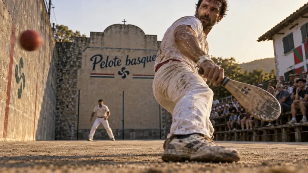 Sport basque : joueur de pelote basque au fronton