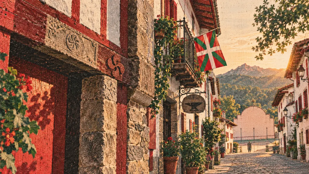 Symboles pays basque : Ikurriña rouge et lauburu sur façade basque