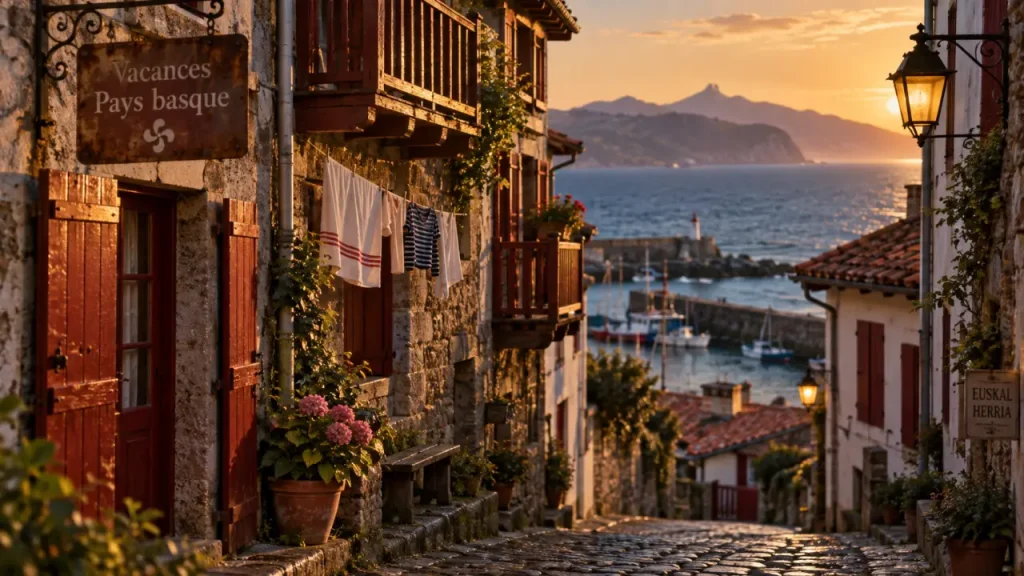 Vacances pays basque : ruelle basque et façade en bois au golden hour