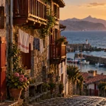 Vacances pays basque : ruelle basque et façade en bois au golden hour