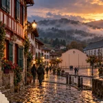 Village pays basque de Sare, rue pavée et église au Labourd