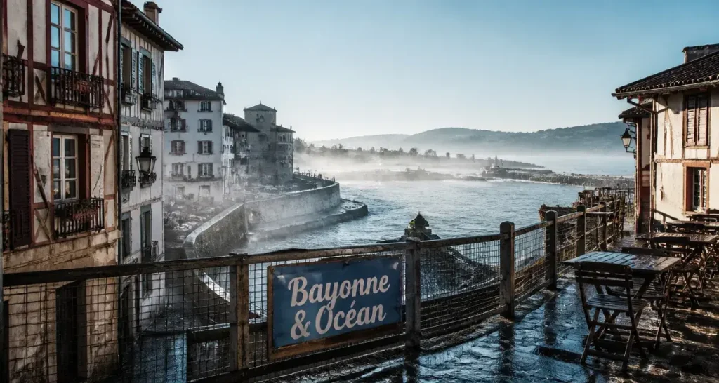 Ville pays basque Bayonne et océan, port et brume salée