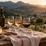 Vin du pays basque à Irouléguy : verres et bouteille sur terrasse basque