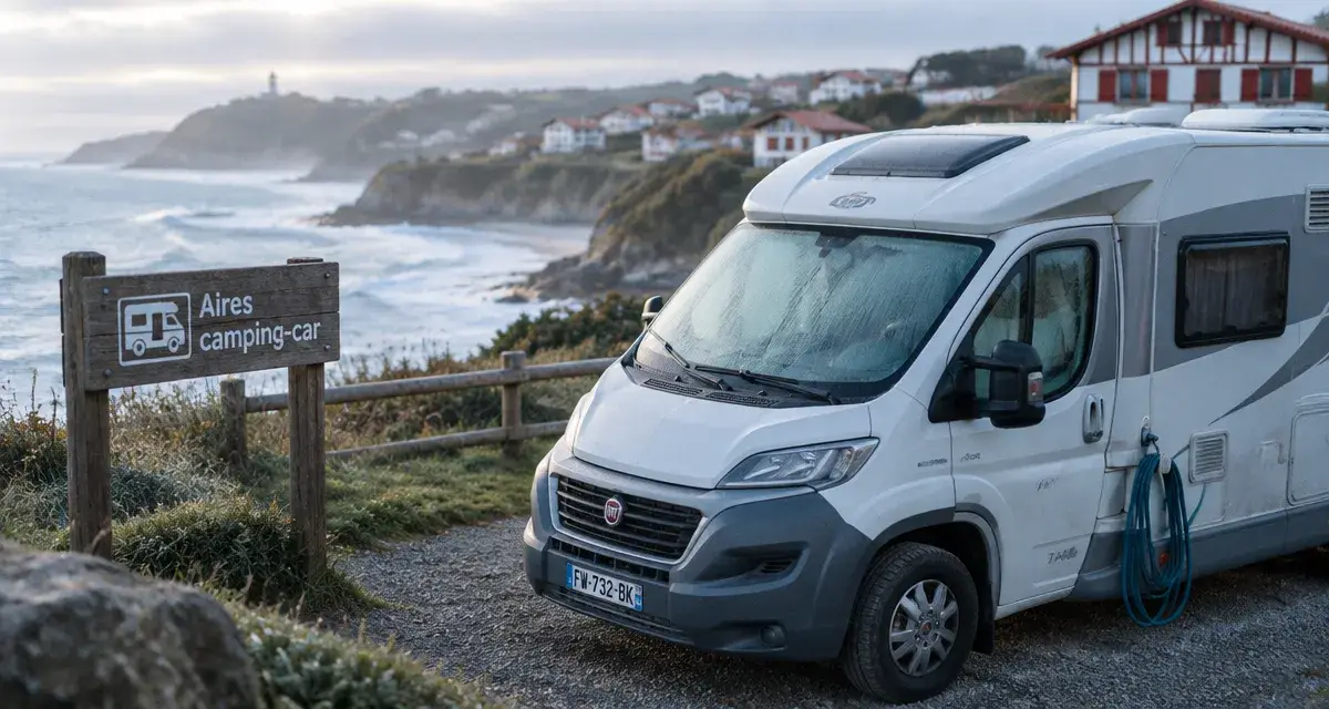 Aires camping car Pays basque sur la côte, camping-car près d’un panneau