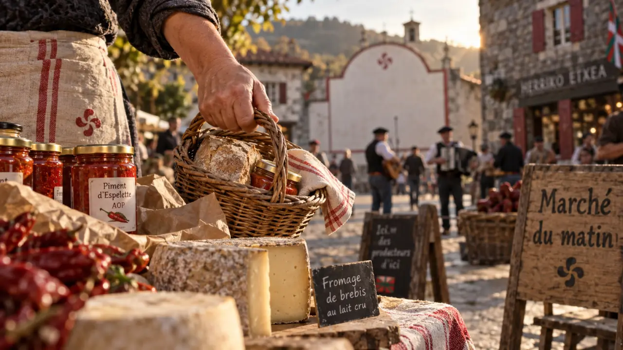 Animation pays basque : marché du matin au Pays basque, panier en osier et produits