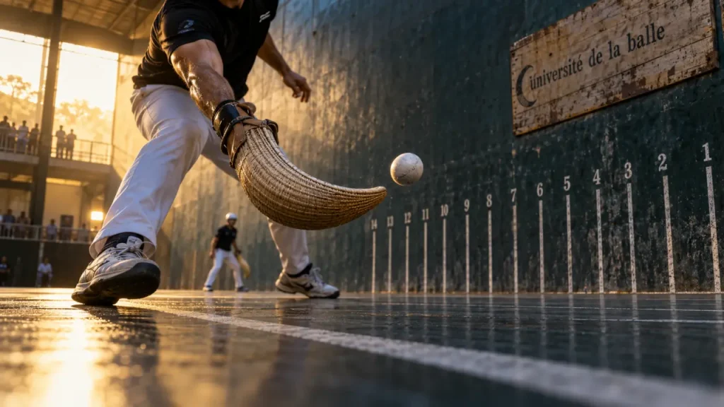 Basque sports jai alai : joueur de cesta punta dans un fronton, balle très rapide à 302 km/h